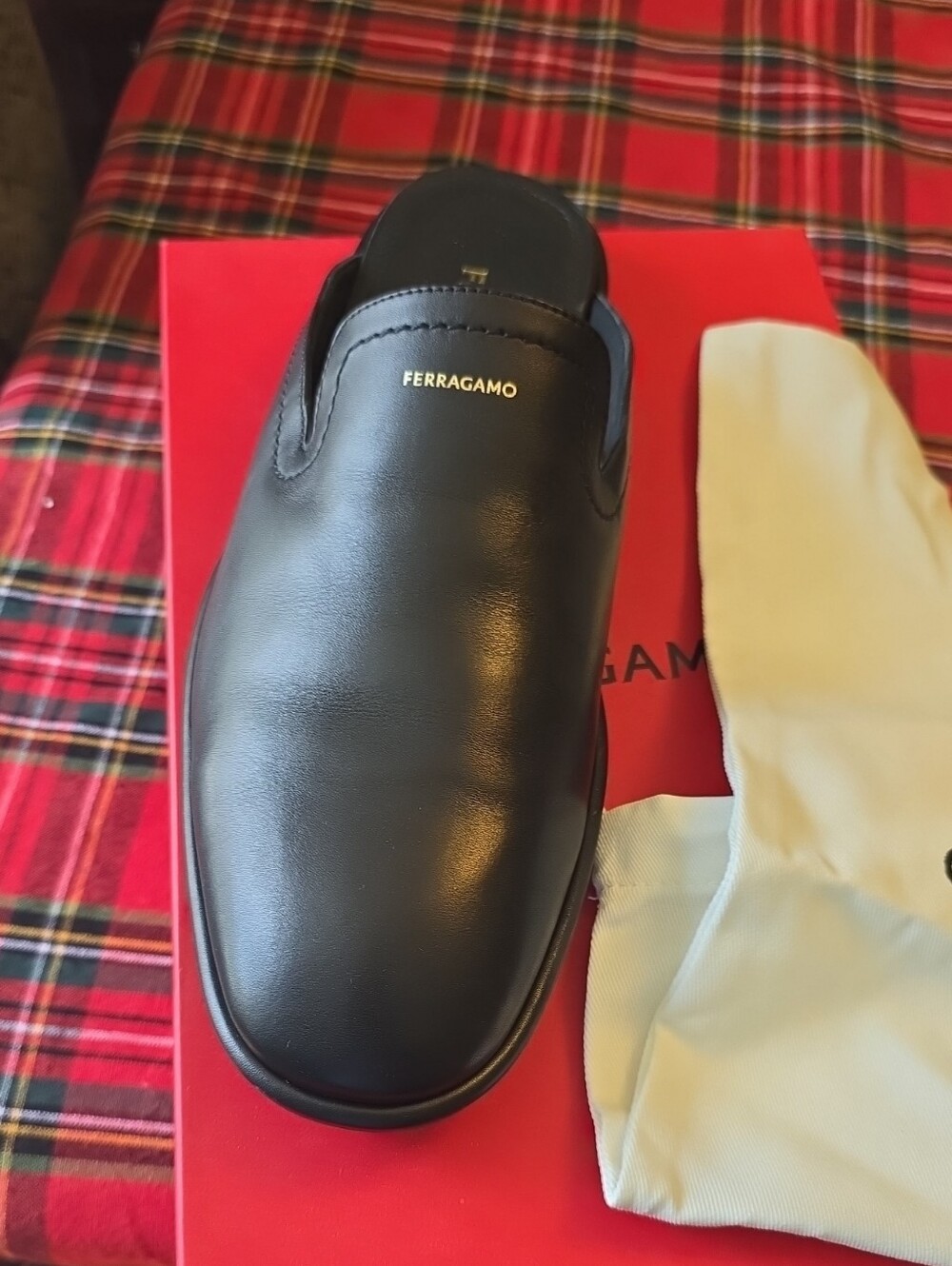 Salvatore Ferragamo Black Leather Slip-On Mule with Gold Logo Accent